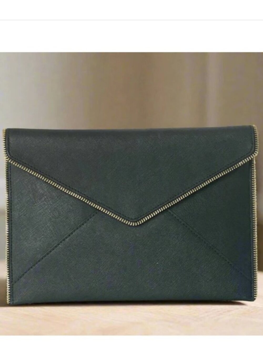 Rebecca Minkoff Leo Envelope Clutch Black Leather Wavy Zip Trim